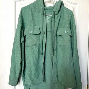 Green corduroy, hooded button up Shacket